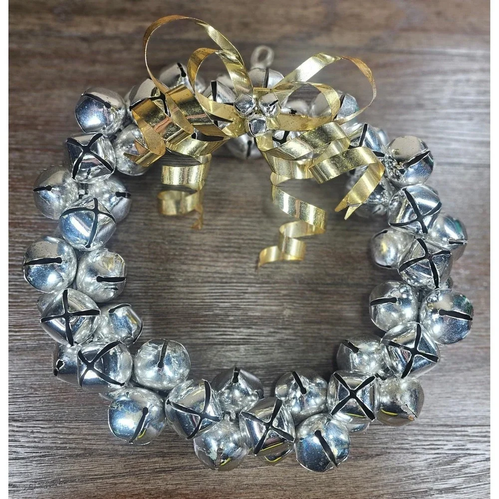 Vintage Silver Jingle Bell Wreath Gold Bow Christmas Door Decor